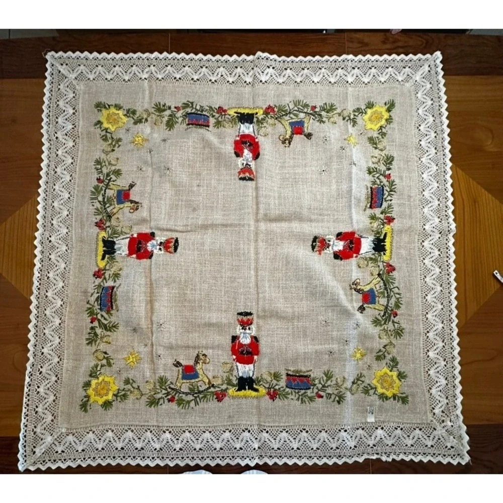 Vintage‎ Christmas Nutcracker Rocking Horse Embroidered Lace Square Tablecloth